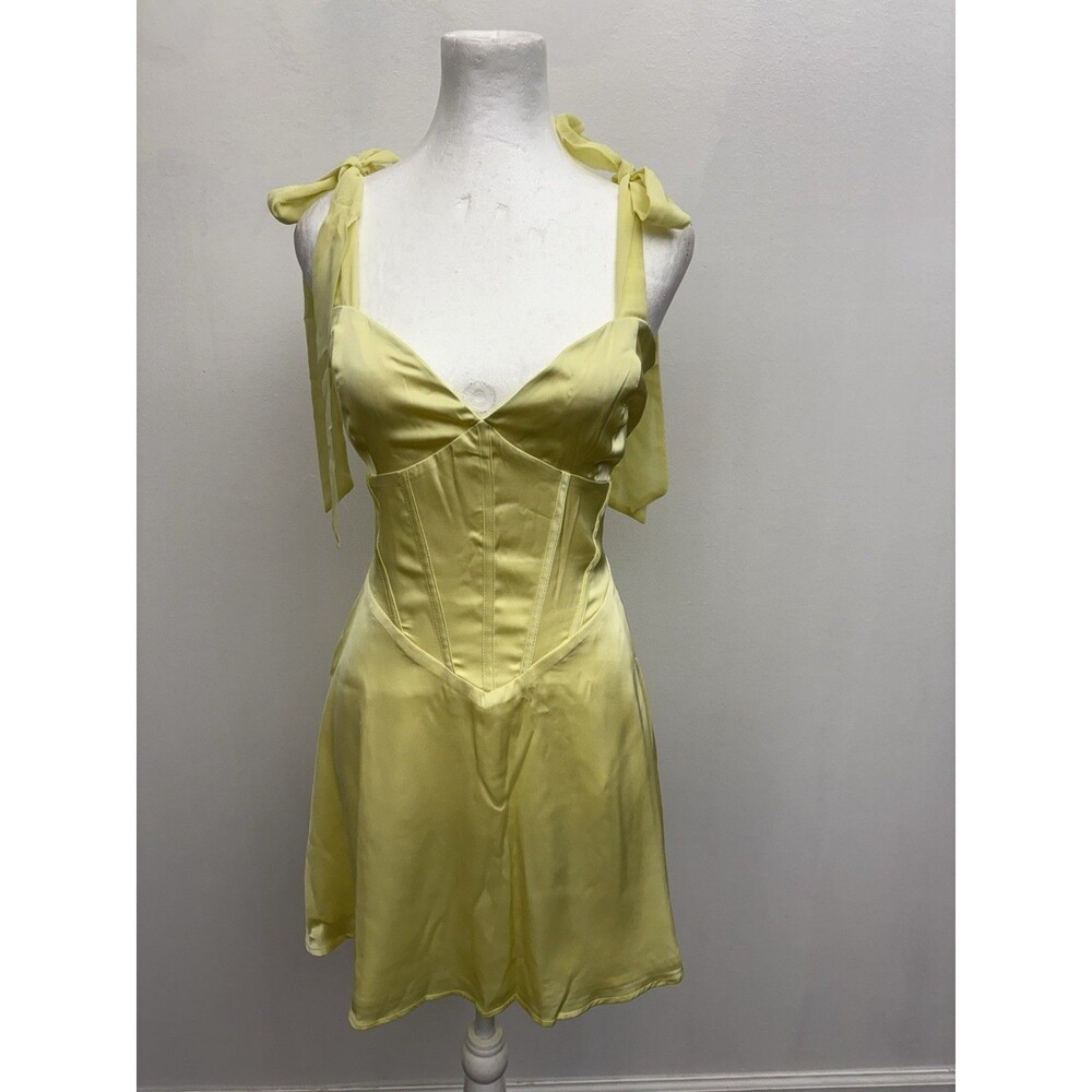 NWT Forever 21 Yellow Satin Sweetheart Bow Strap Corset Zip Mini Dress Size L